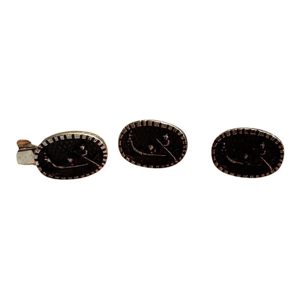 Vintage Gondola Cufflinks Tie Clip Set Black Silver Tone Venetian